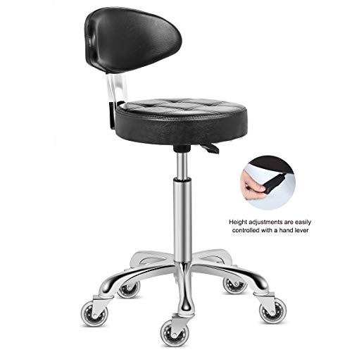 Kaleurrier Taburete con ruedas con ruedas de doble rueda, cómodo respaldo acolchado, asiento giratorio, altura hidráulica ajustable, resistente y duradero (negro)