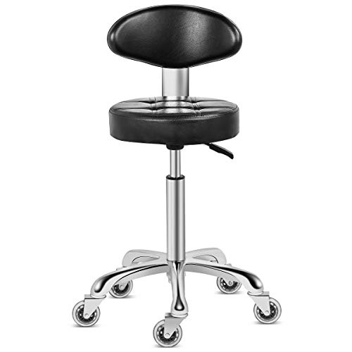 Kaleurrier Taburete con ruedas con ruedas de doble rueda, cómodo respaldo acolchado, asiento giratorio, altura hidráulica ajustable, resistente y duradero (negro)