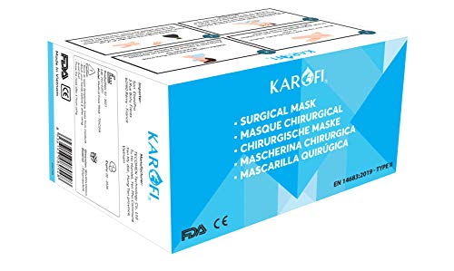 KAROFI - Mascarillas Quirúrgicas Tipo II Medico, probadas y aprobadas, BFE > 98%, 4 Capas, certificadas CE EN14683:2019, Lote de 50 Unidades