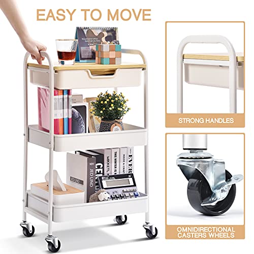 Kingrack carro cocina de 3 Niveles，carrito auxiliar con ruedas, carrito verdulero con Asa y cajones, carrito baño carrito peluqueria con tapa de madera, Blanco WKUK830549-1