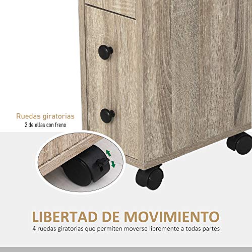 kleankin Armario de Baño Mueble para Baño Espacio Limitado con Ruedas Universales 2 Frenos Estantes Abiertos Armario Cajón 18x30x68,5 cm Madera Roble