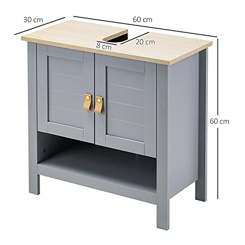 kleankin Armario para Debajo de Lavabo Compacto con 2 Puertas y Estante Interior Ajustable Mueble Auxiliar de Almacenamiento para Baño 60x30x60 cm Gris