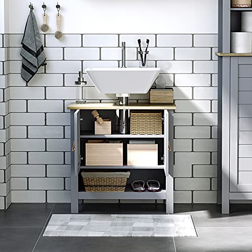 kleankin Armario para Debajo de Lavabo Compacto con 2 Puertas y Estante Interior Ajustable Mueble Auxiliar de Almacenamiento para Baño 60x30x60 cm Gris