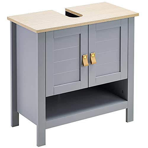 kleankin Armario para Debajo de Lavabo Compacto con 2 Puertas y Estante Interior Ajustable Mueble Auxiliar de Almacenamiento para Baño 60x30x60 cm Gris