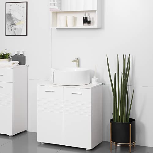 kleankin Mueble para Debajo del Lavabo Armario de Baño Madera con 2 Puertas y Estante Interior Ajustable Estilo Moderno 60x30x62,5 cm Blanco