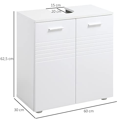 kleankin Mueble para Debajo del Lavabo Armario de Baño Madera con 2 Puertas y Estante Interior Ajustable Estilo Moderno 60x30x62,5 cm Blanco