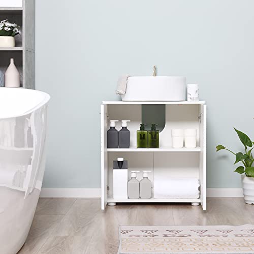 kleankin Mueble para Debajo del Lavabo Armario de Baño Madera con 2 Puertas y Estante Interior Ajustable Estilo Moderno 60x30x62,5 cm Blanco