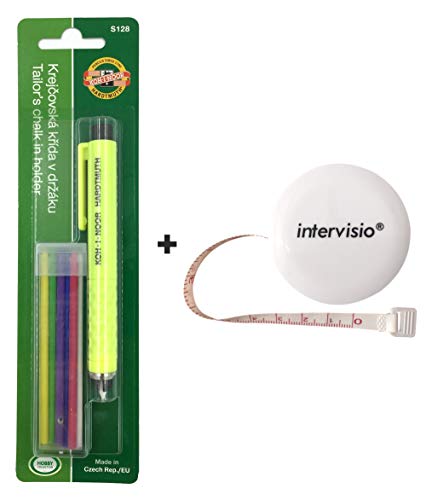 Koh-I-Noor Bolígrafo de Sastre, Marcador Costura, Tiza Lapiz de Sastre, 6 Minas de Colores de Recambio, color Amarillo Koh I Noor y intervisio 1 metros Retráctil Cinta Métrica Blanco