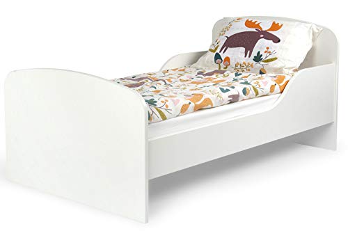 Leomark Cama Infantil Completa de Madera - Blanco- Marco de Cama, Colchón, Somier, Blanco Muebles para Niños, Moderno Dormitorio, Impresa Mobiliario, Espacio para Dormir: 140/70 cm