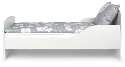 Leomark Cama Infantil Completa de Madera - Blanco- Marco de Cama, Colchón, Somier, Blanco Muebles para Niños, Moderno Dormitorio, Impresa Mobiliario, Espacio para Dormir: 140/70 cm