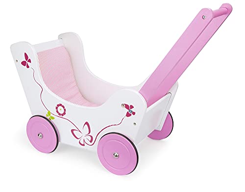 leomark Rosa Carrito Cochecito De Madera para Muñecas, Acolchar Carrito Gemelar Juguete + muñeca de Trapo