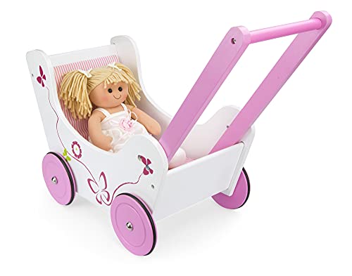 leomark Rosa Carrito Cochecito De Madera para Muñecas, Acolchar Carrito Gemelar Juguete + muñeca de Trapo