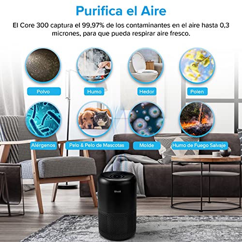 LEVOIT Core 300 Purificador de aire con filtro HEPA H13, CADR 187 m³/h hasta 40 m², elimina 99.97 % alergia, polen, olor y caspa de mascota, 24 dB modo de sueño, libre de ozono, temporizador, negro