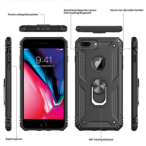 LeYi Funda para iPhone 8 Plus/iPhone 7 Plus/iPhone 6 Plus / 6S Plus con [2-Unidades] Cristal Vidrio Templado, Armor Carcasa con 360 Anillo Soporte PC Silicona TPU Bumper Antigolpes Case, Negro
