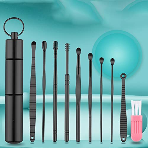 limpiador de oídos acero inoxidable, Cuchara para Oído Kit de limpieza para oídos los oídos Removedor de cera con caja de almacenamiento para limpieza de oídos para adultos y niños, Negro