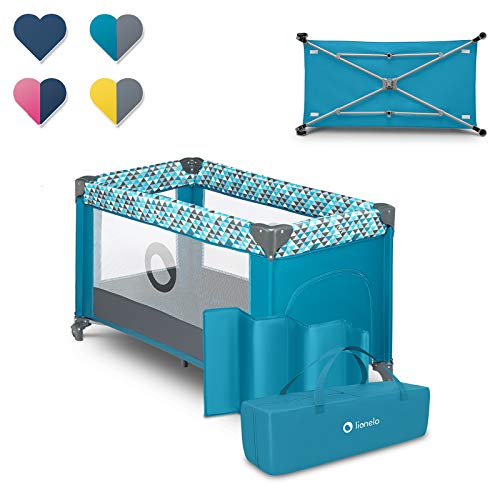 LIONELO Stefi Cuna Bebe Parque Infantil Bebe Apertura Lateral colchoneta protección contra el Plegado LockGuard Lados de Tela de Malla Bolso de Transporte (Turquesa)
