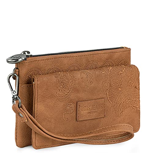 Lois - Cartera de Mujer Grande Bordada de Marca LOIS. Bolso con Asa de Mano Piel Vegana PU. Billetero Monedero y Tarjetas con Capa de Protección Antiescaneo RDIF.302620, Color Camel