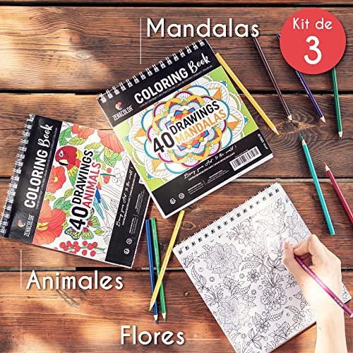 Lote de 3 Libros para Colorear: Animales, Mandalas, Flores - Libro Colorear Adultos con Espirales- Cuaderno de Mandalas Antiestrés - 120 dibujos de Alta Calidad para Colorear