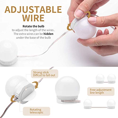 Luces para Espejo de Maquillaje LED Luces Tocador Estilo Hollywood, Luces LED Kit de Espejo con 10 Bombillas regulables 3 Modos de Color Luz Espejo Para Maquillaje Tocador Espejo Baño