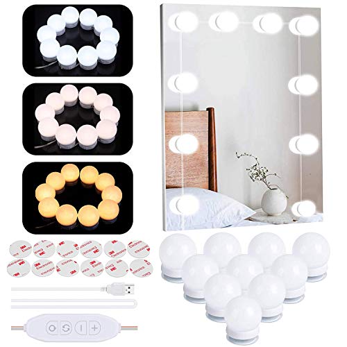 Luces para Espejo de Maquillaje LED Luces Tocador Estilo Hollywood, Luces LED Kit de Espejo con 10 Bombillas regulables 3 Modos de Color Luz Espejo Para Maquillaje Tocador Espejo Baño