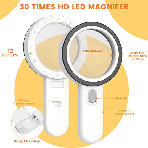 Lupa con Luz, 30X Lupas de Mano de Gran Aumento, Lupa para Leer Libros con 12 Leds También Son Adecuada para Soldadura, Inspección, Monedas, Joyería, Exploración