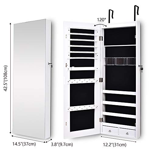 LVSOMT Armario para Joyas, armario joyero,espejo joyero,Armario de joyería espejo de cuerpo entero 8 luces LED,Gabinete Cerradura de Pared, Organizador de Almacenamiento para Pendiente Collar