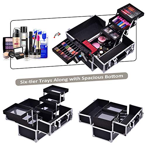 Maletin Maquillaje Grande Profesional Estuche Maquillaje Caja de Viaje Maletín Manicura Joyero Organizador Esmalte de Uñas con 6 Bandejas Regalos para Mujer 30.5x18x22.5cm, Negro