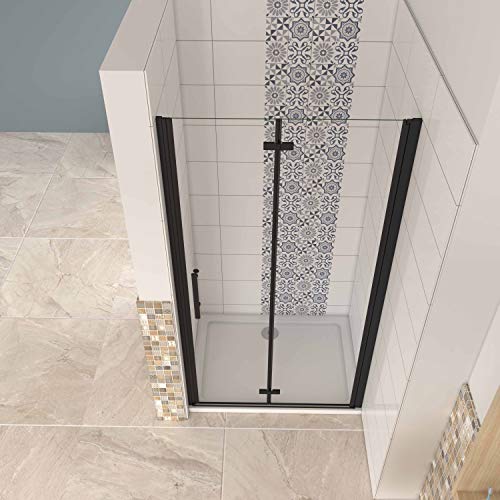 Mampara ducha frontal baño dos puerta plegable con perfil negro mate,estilo industrial, 5 mm cristal templado, Easyclean,100x190cm