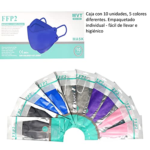 Mascarilla FFP2 Colores, Pack de 10x Mascarillas FFP2 NR de Colores Homologadas 5 Capas Forma 3D Tipo Pez + Mask Case Color Aleatorio
