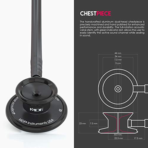 MDF Instruments MDF747XP Acoustica® Deluxe, Estetoscopio ligero de doble cabeza - Garantía de por vida & Programa-piezas-gratuitas-de-por-vida (Todo Negro)