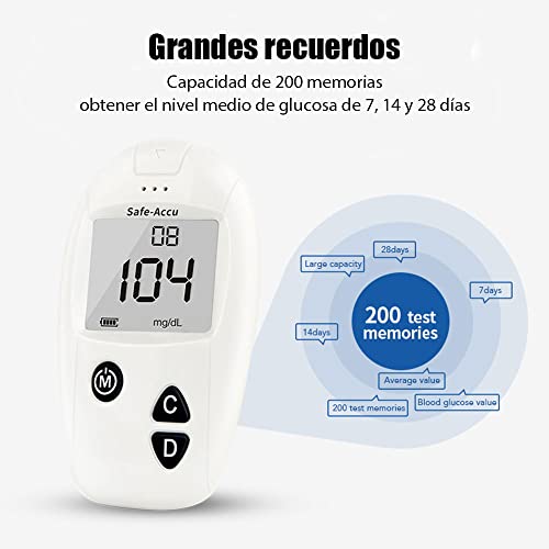 Medidor de glucosa en sangre - Safe Accu - Kit de control de diabetes Kit de prueba de azúcar en sangre Sin codificación con 25 tiras de prueba de glucosa en sangre mg/dL