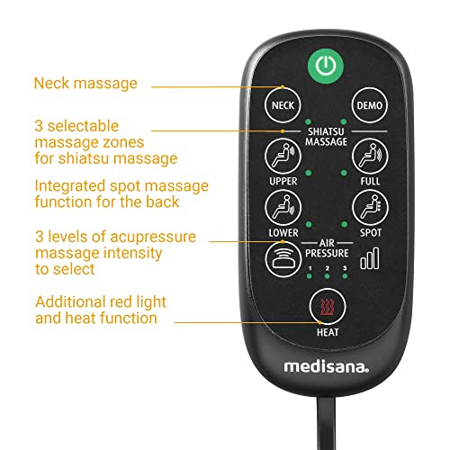 medisana MC 825 Almohadilla de masaje Shiatsu para espalda y cuello, con acupresión, masaje de cuello, función de calor, 3 intensidades, función de luz roja, control remoto, bolsa de almacenamiento