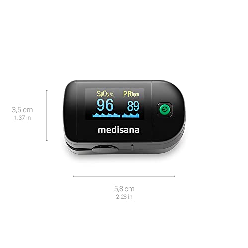 medisana PM 100 Pulsioxímetro medición de la saturación de oxígeno en la sangre, pulsioxímetro de dedo con pantalla OLED y funcionamiento de un solo toque en negro