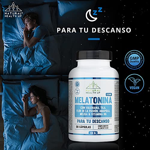 Melatonina 1,9 mg para ayudar al descanso – Melatonina con pasiflora, valeriana, tila, amapola californiana y vitamina B6 para mejorar la calidad del sueño – 90 cápsulas vegetales –100% vegano