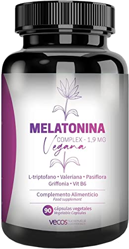 Melatonina Vegana Complex 1,9 mg | Ayudar a Conciliar el Sueño | Suplemento con L-Triptófano, Valeriana, Pasiflora, Griffonia y Vitamina B6 | 90 cápsulas Vegetales | 100% Apto Veganos
