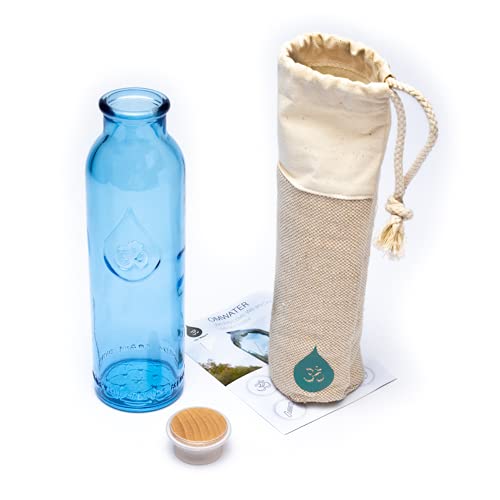 Mini botella de agua OmWater 0,5 L - Vidrio Reciclado Libre de Metales Pesados, Tapon ecologico, Bolsa de Algodon 100% organico