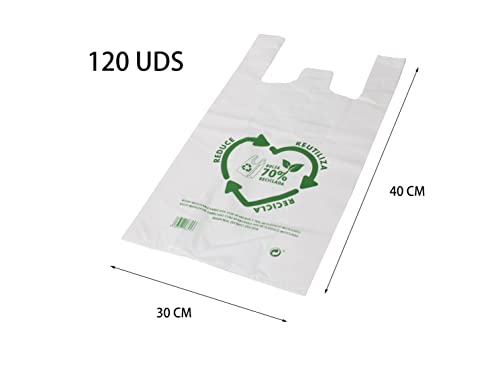 Mini Home MH Bolsas plasticas,bolsas camiseta,Tipo Camiseta Resistentes,Reutilizables y Recicladas Tamaño 70% Recicladas Cumple Normativa Aptas uso Alimentario (30X40 120 UDS)