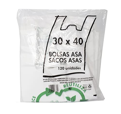 Mini Home MH Bolsas plasticas,bolsas camiseta,Tipo Camiseta Resistentes,Reutilizables y Recicladas Tamaño 70% Recicladas Cumple Normativa Aptas uso Alimentario (30X40 120 UDS)