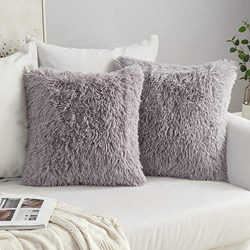 MIULEE Juego de 2 Cojines Protectores Faux Fur Throw Funda de cojín Deluxe Home Decorativo Cuadrados y Suaves Cojines PeloPara la Hogar Sofá Cama del24 x24 Inch 60x60cm Gris