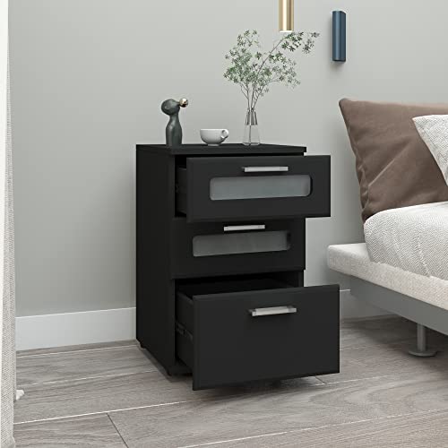 ML-Design Mesita de Noche con 3X Cajones 40 x 60 x 38 cm Negro Mesa Auxiliar con Inserto de Vidrio Cómoda Lisa de Madera Mueble Cajonera Consola Estante Decorativa para Dormitorio o Sala de Estar