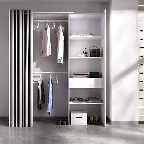 Mobelcenter - Armario Vestidor con Cajón y Cortina - Armario Vestidor Reversible con 2 Barras, 4 Estantes y 1 Cajón - Acabado Color Blanco - Ancho: 160-110 cm x Fondo: 50 cm x Alto: 205 cm - (1208)