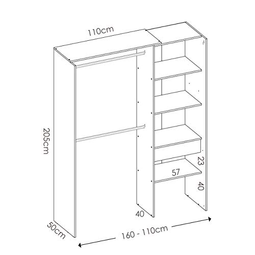 Mobelcenter - Armario Vestidor con Cajón y Cortina - Armario Vestidor Reversible con 2 Barras, 4 Estantes y 1 Cajón - Acabado Color Blanco - Ancho: 160-110 cm x Fondo: 50 cm x Alto: 205 cm - (1208)
