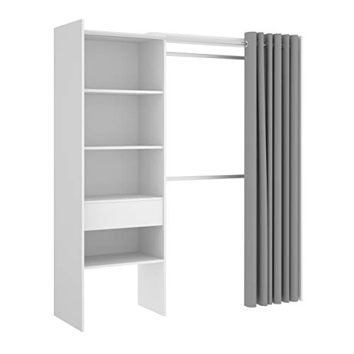 Mobelcenter - Armario Vestidor con Cajón y Cortina - Armario Vestidor Reversible con 2 Barras, 4 Estantes y 1 Cajón - Acabado Color Blanco - Ancho: 160-110 cm x Fondo: 50 cm x Alto: 205 cm - (1208)