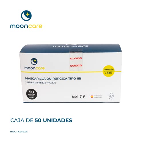 Mooncare Mascarilla Quirúrgica Tipo IIR, [50 Uds/Caja], Desechables 3 Capas [NR], Certificada/Homologada, BFE ≥ 99%, Norma EN14683:2019, No Grafeno, Aprobadas por INGESA (Negro)
