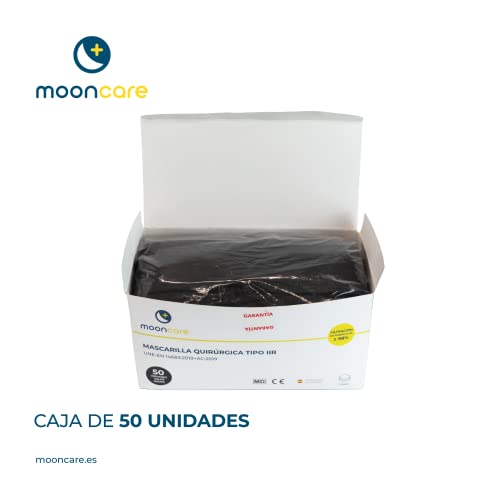 Mooncare Mascarilla Quirúrgica Tipo IIR, [50 Uds/Caja], Desechables 3 Capas [NR], Certificada/Homologada, BFE ≥ 99%, Norma EN14683:2019, No Grafeno, Aprobadas por INGESA (Negro)