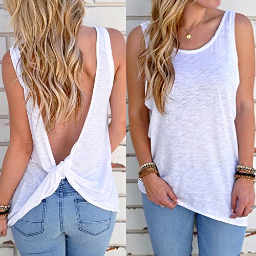 Mujeres Backless Sleeveless Tank Top con Espalda Abierta Nudo Casual Shirt Tee (Blanco, M :38/40)