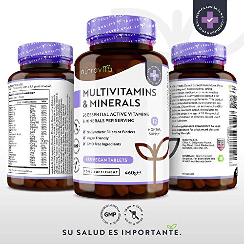 Multivitaminas y Minerales - 365 Comprimidos Veganos - Complejo Vitaminico con 26 Activos Esenciales Vitamina D3, C, A, B, E, Yodo, Selenio, Calcio, Hierro, Zinc - Multivitamínicos para Hombre y Mujer