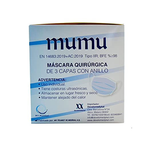 MUMU PACK DE 50 MASCARILLAS QUIRÚRGICAS Desechables Tipo IIR BFE ≥ 98% MASCARILLA QUIRÚRGICA Homologadas