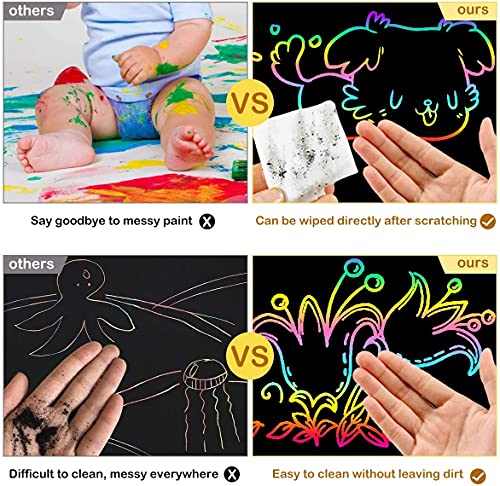 NALCY Papel para Rascar 50 hojas Dibujo Scratch Arte de Raspado con 5 Estilográficas De Madera 4 Reglas De Dibujo y 1 Sacapuntas para Niñas o Niños 19.5 x 13.5 cm