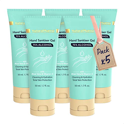 Natural Pharma Laboratories Gel Hidroalcohólico de Manos Pack 5x50 ml. Fórmula Activa al 75%. Gel Higienizante con Aloe Vera y Vitamina E. Máxima Protección.
